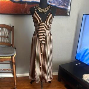 Tan and Black Striped V-Neck Tie Front Midi Dress